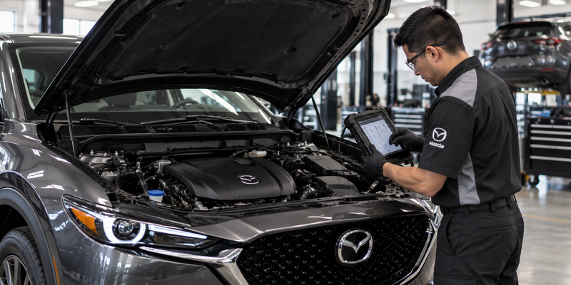 Technician performing diagnostic testing on a Mazda engine