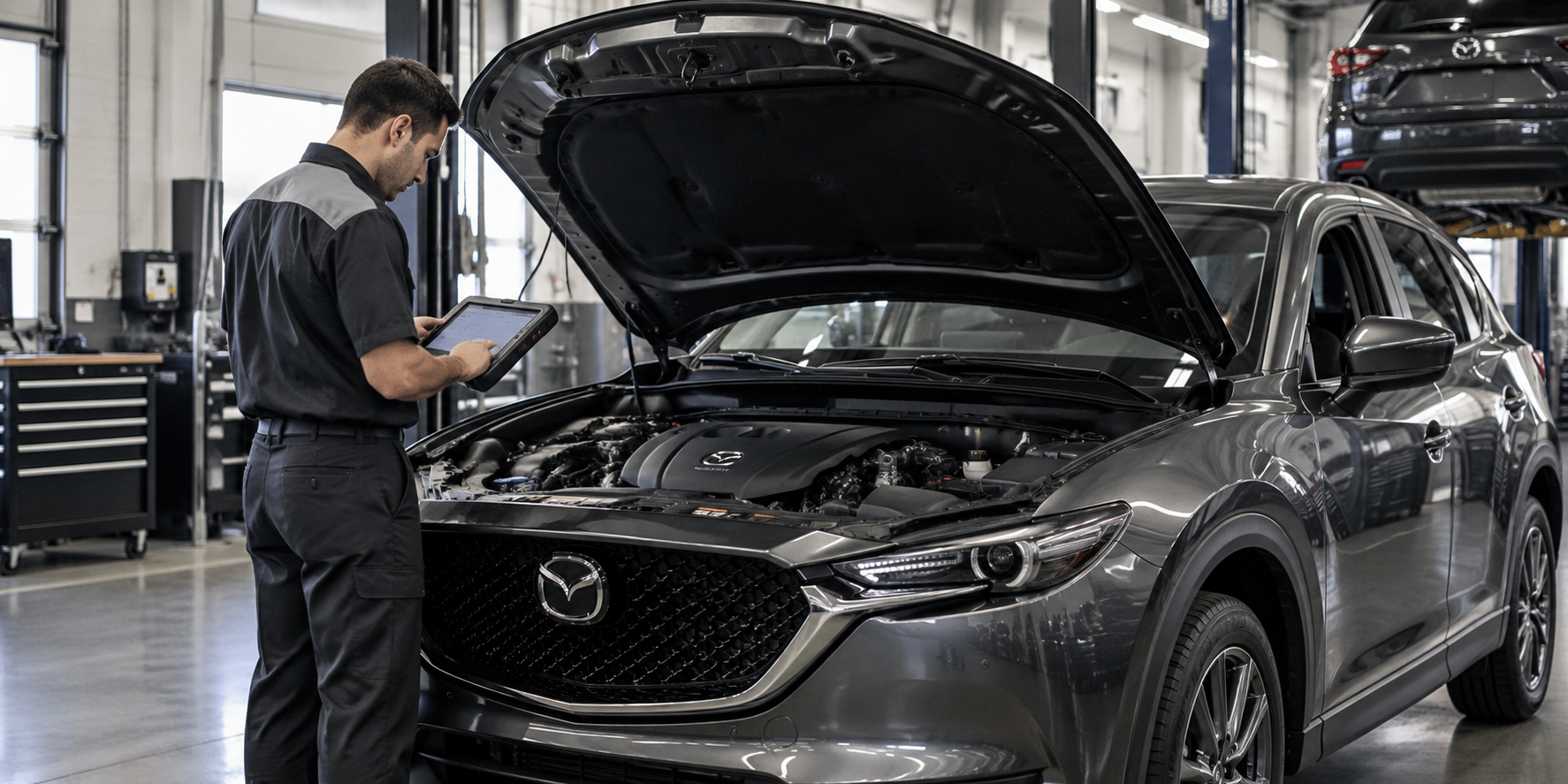 Mazda vehicle being diagnosed by a technician in a service bay