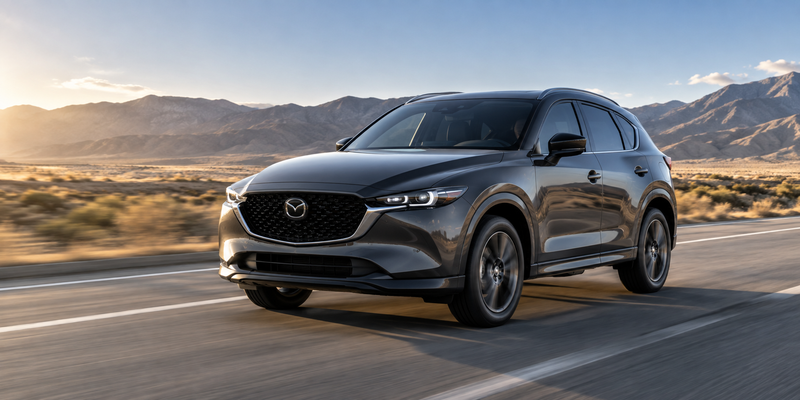 Mazda crossover driving on an open road