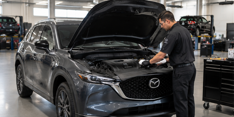 Mazda vehicle receiving professional oil change service