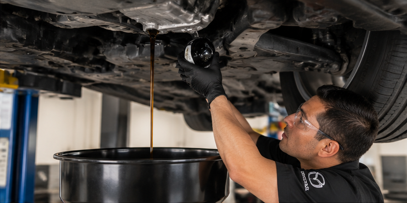 Mazda technician performing engine oil and filter service