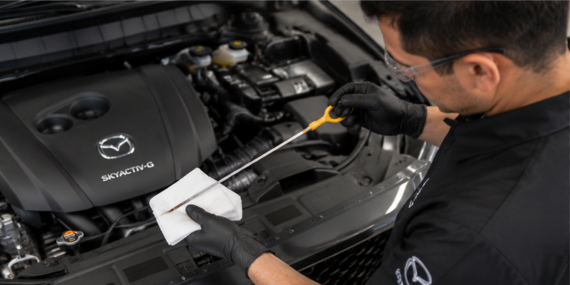 Mazda technician checking engine oil level
