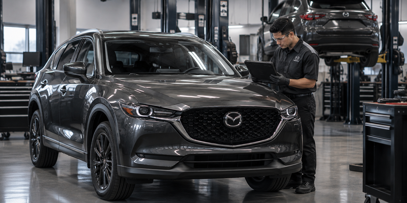 Mazda vehicle in a professional service center with a technician reviewing vehicle information
