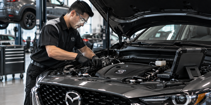 Mazda technician performing recall-related service in a professional service bay