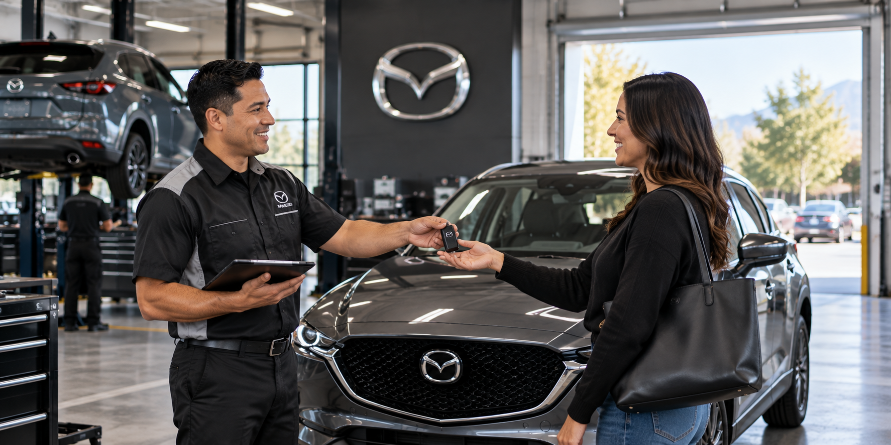 Mazda vehicle leaving a professional service center after service