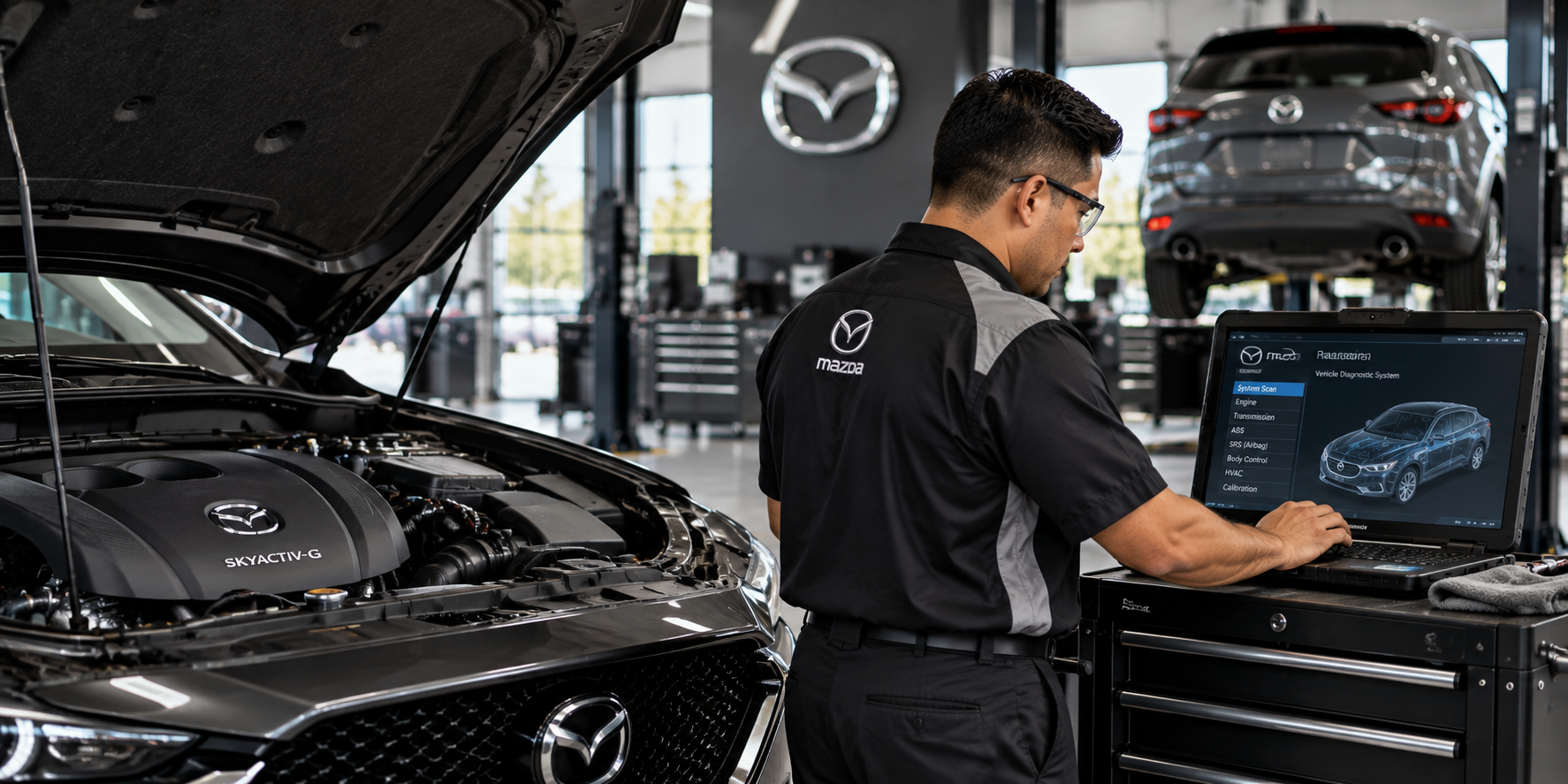 Mazda technician using diagnostic equipment in a service bay