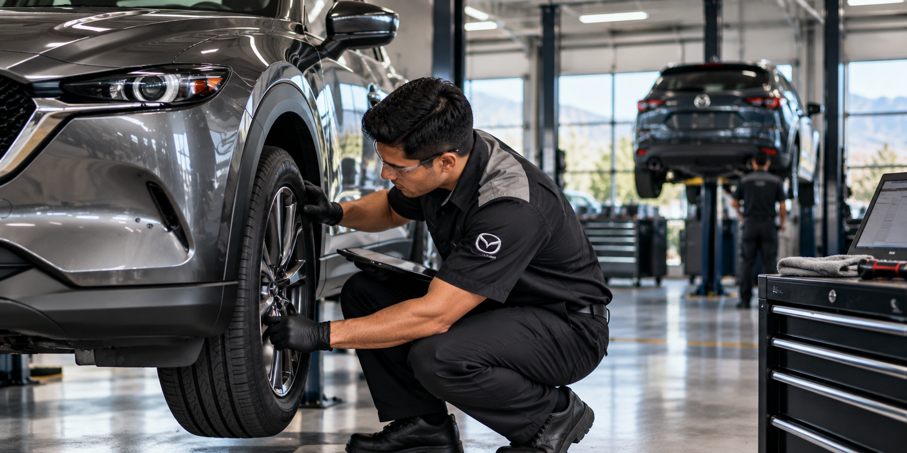 Mazda service technician working under the hood