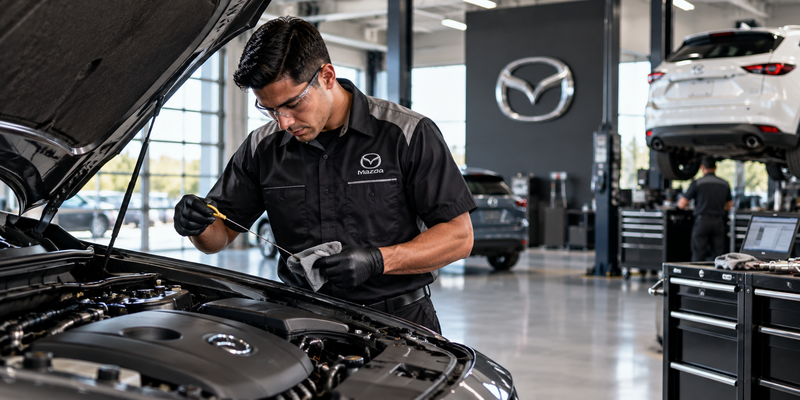 Mazda technician inspecting a vehicle wheel in a service bay