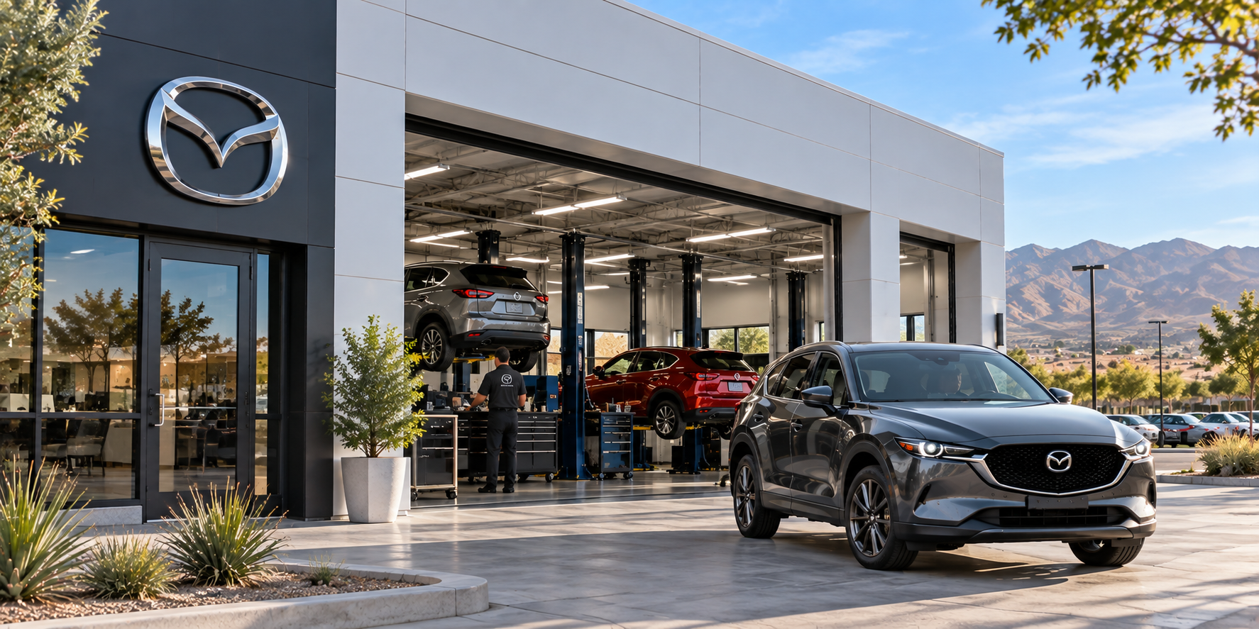 Mazda service center with a Mazda vehicle and service bays
