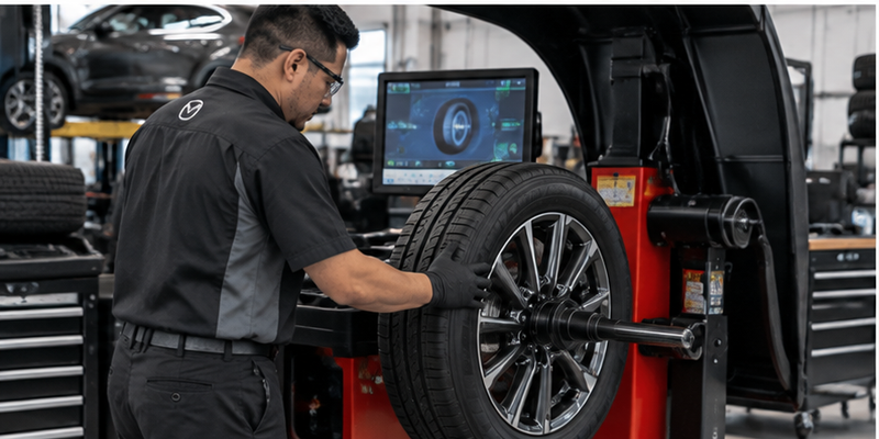 Technician performing tire balancing service in a professional service bay