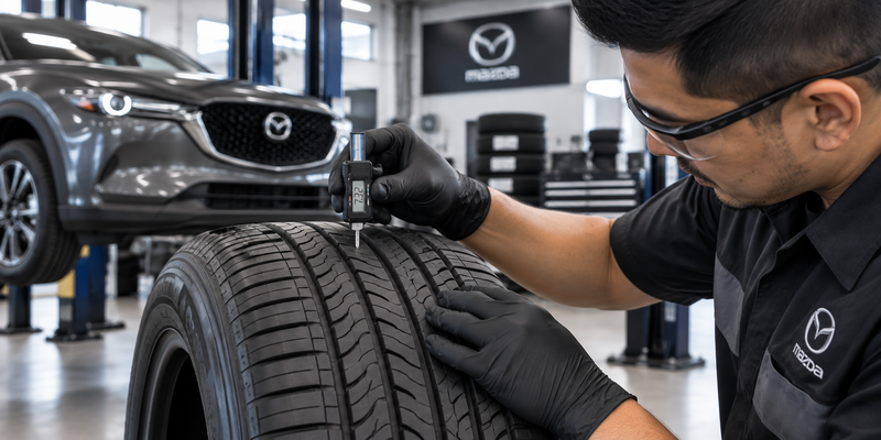 Diamond Mazda technician measuring tire tread depth with a tread gauge