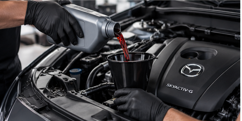 Technician servicing a Mazda transmission from underneath the vehicle