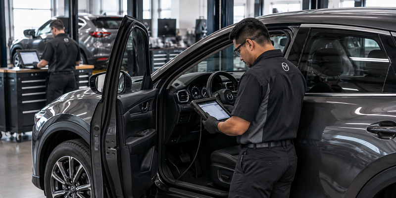 Mazda technician using a diagnostic tablet during vehicle inspection