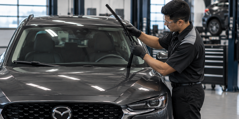 Diamond Mazda technician servicing a raised windshield wiper on a Mazda vehicle