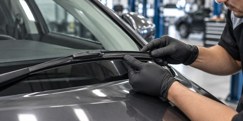 Technician inspecting a Mazda windshield wiper blade and connector