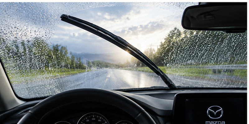 Windshield wipers clearing rain from a Mazda windshield for improved visibility