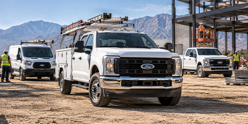 Ford Super Duty utility truck and commercial vehicles at a worksite