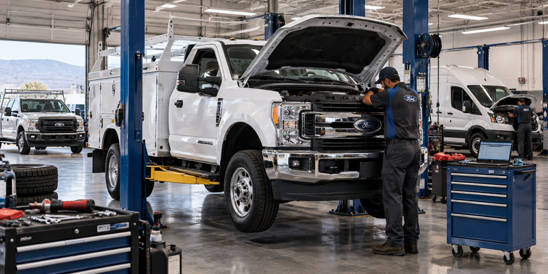 Ford Super Duty utility truck being serviced by a technician