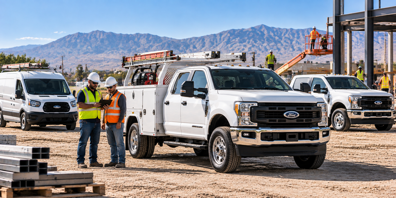 Ford utility truck and commercial vehicles at a worksite