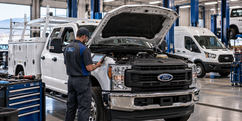 Ford technician using diagnostic equipment on a Super Duty utility truck