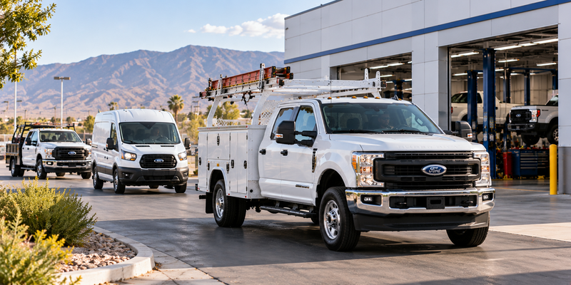 Ford Super Duty utility truck and commercial vehicles leaving a service facility
