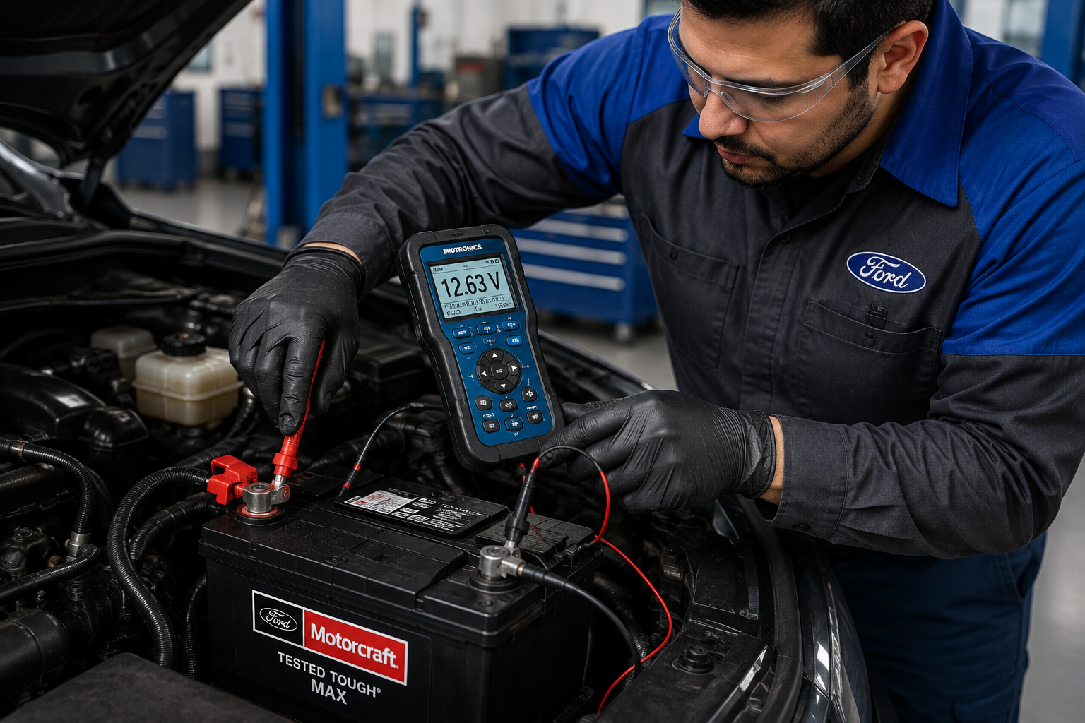 Diamond Ford technician helping diagnose a Ford battery concern
