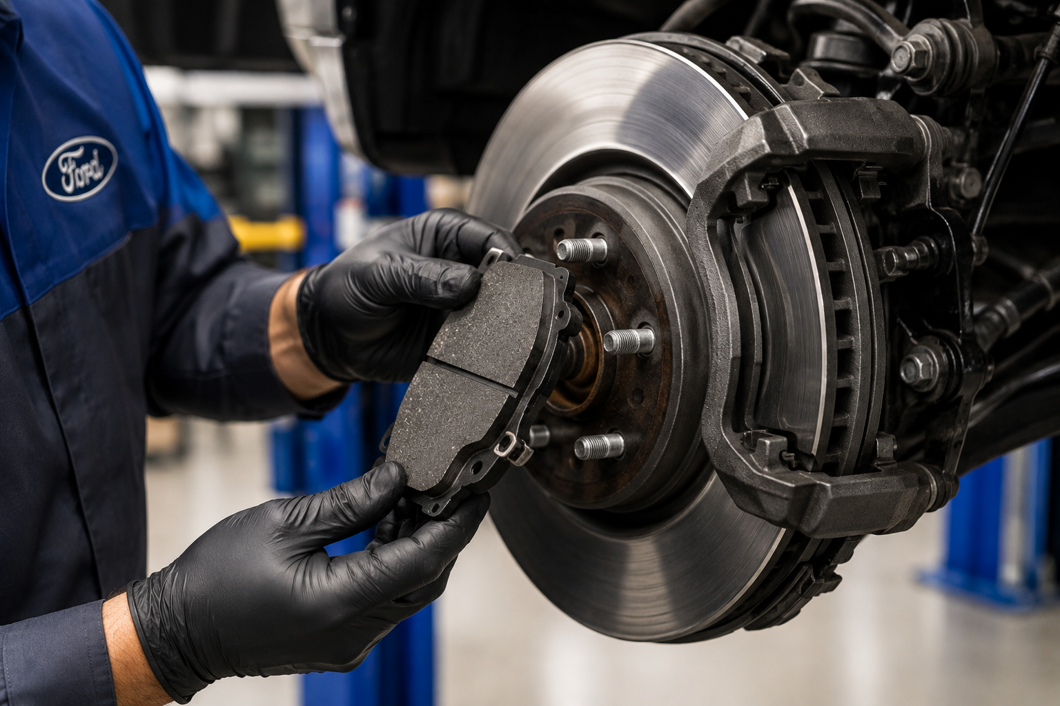 Ford brake pads being inspected during brake service