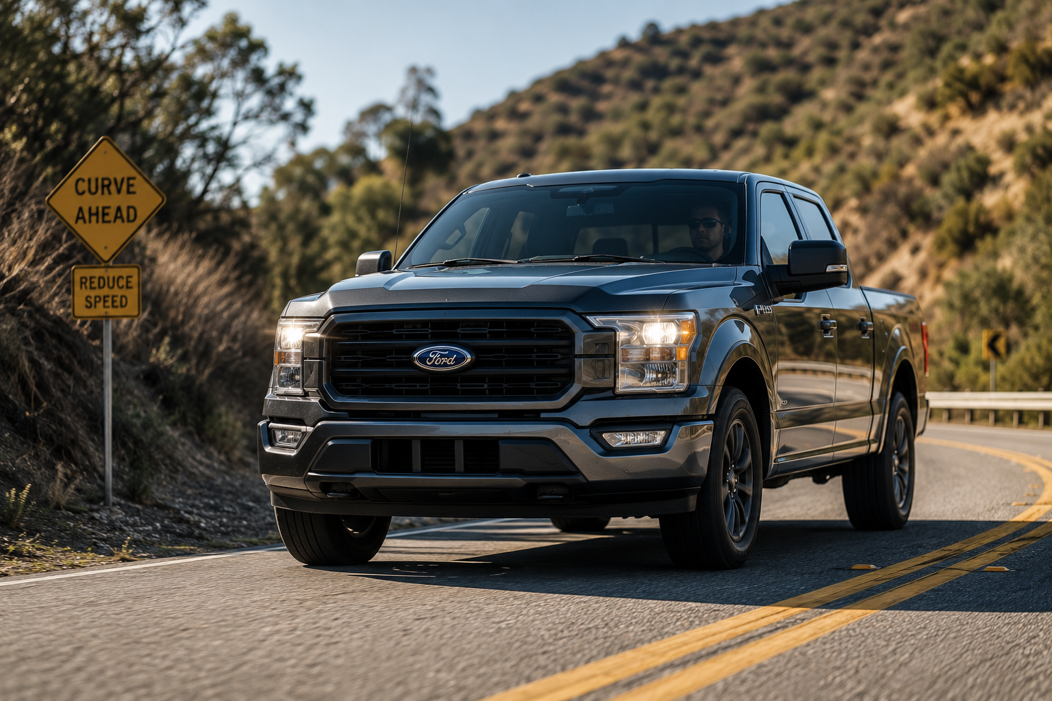 Ford vehicle braking on the road near Lancaster California