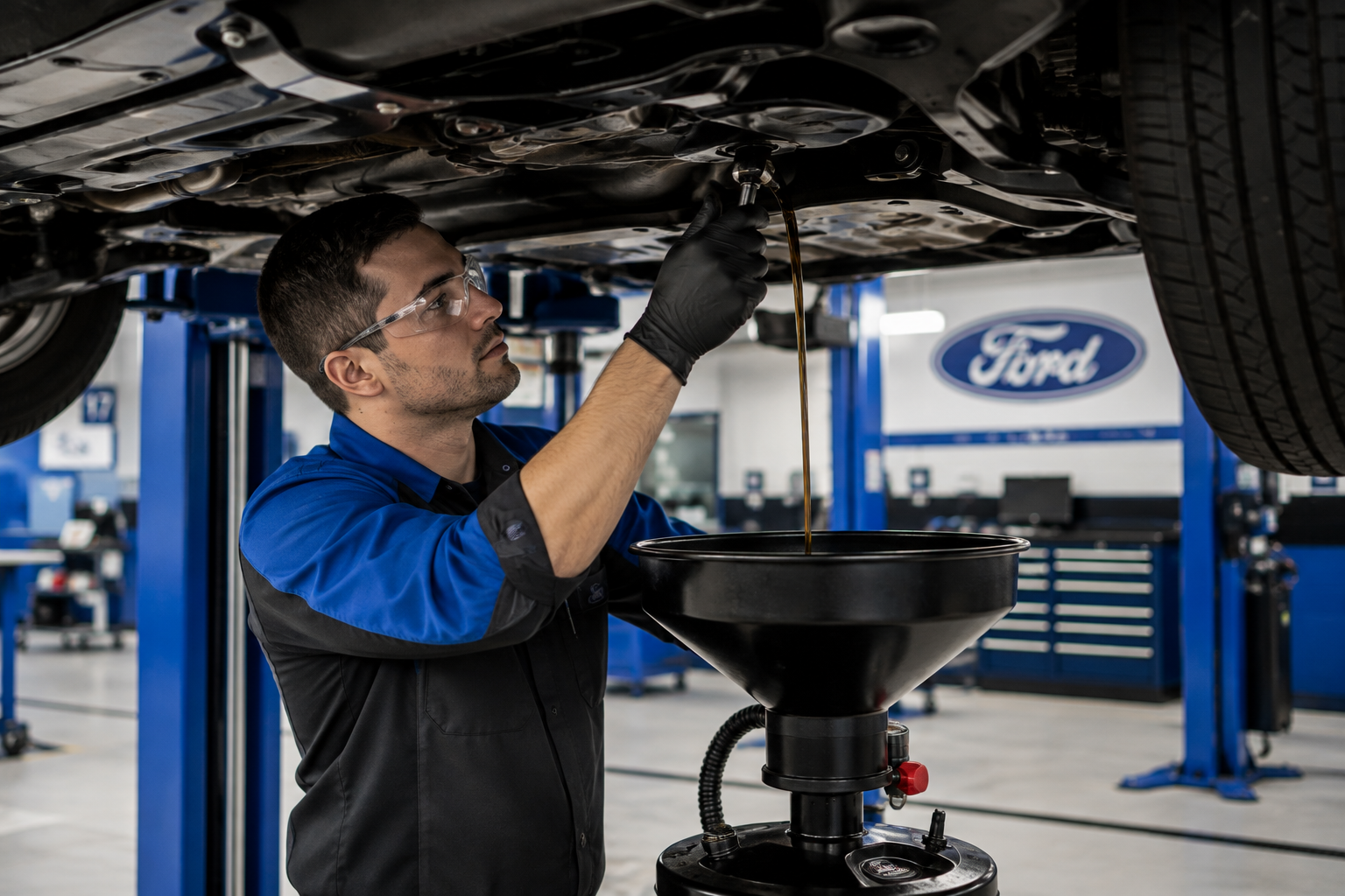 Technician draining used engine oil during a Ford oil change