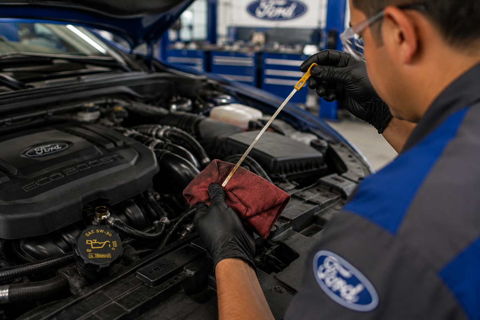 Ford technician checking engine oil level with a dipstick