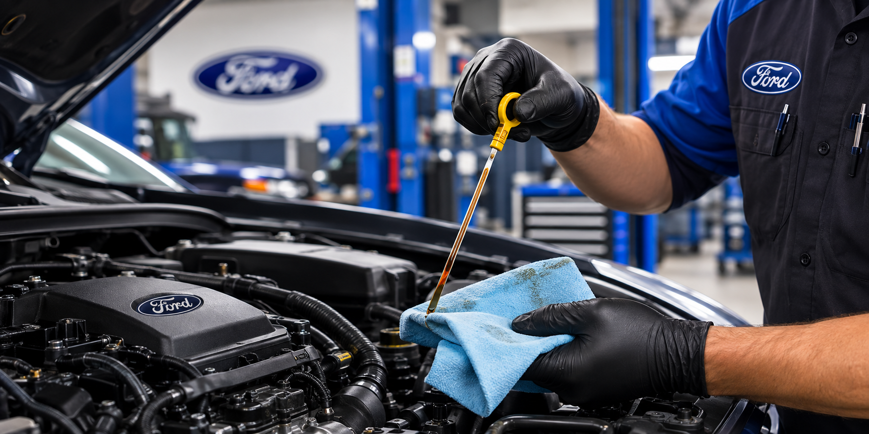 Ford technician checking engine oil during an oil change service at Diamond Ford