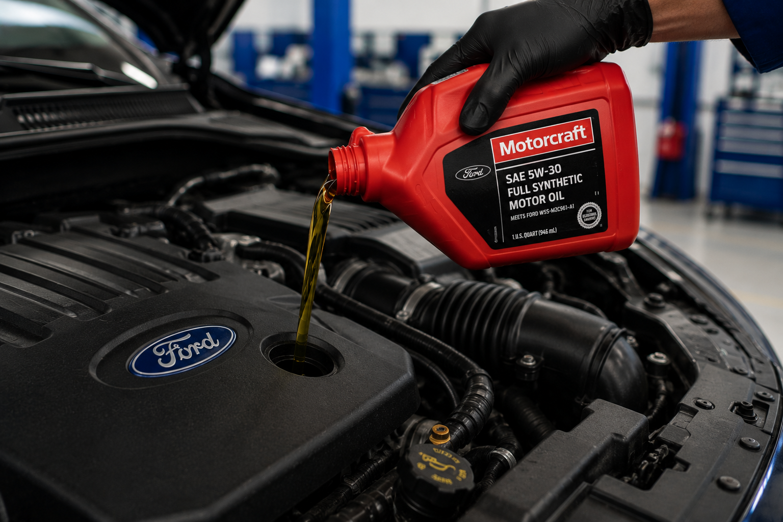 Motorcraft full synthetic engine oil being added to a Ford engine
