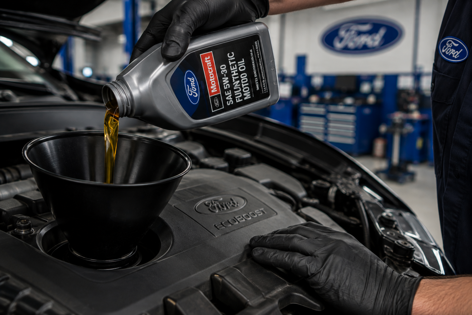 Motorcraft full synthetic motor oil being added during Ford oil change service