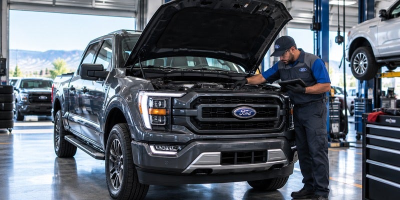 Ford technician servicing a Ford truck at Diamond Ford in Lancaster, California