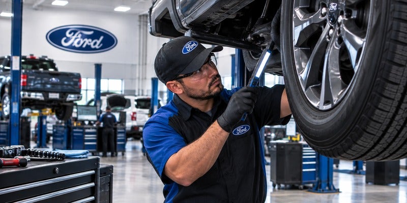 Ford technician inspecting a vehicle at Diamond Ford