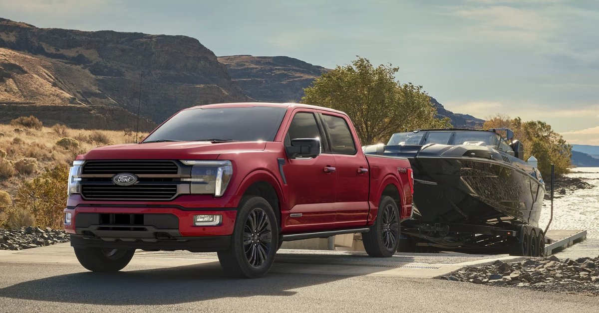 2025 Ford F-150 towing a boat out of a lake