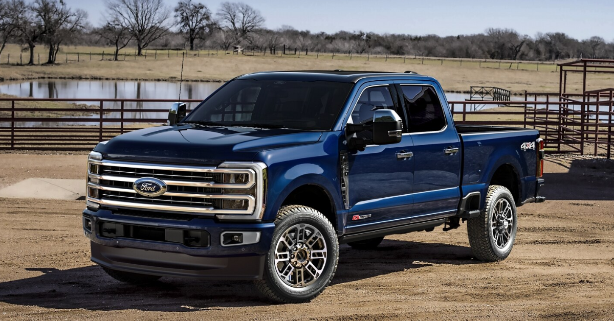 2025 Ford F-250 Super duty parked on a ranch in front of a lake