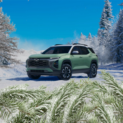 a green car sitting in a sandy snowy area surrounded by trees