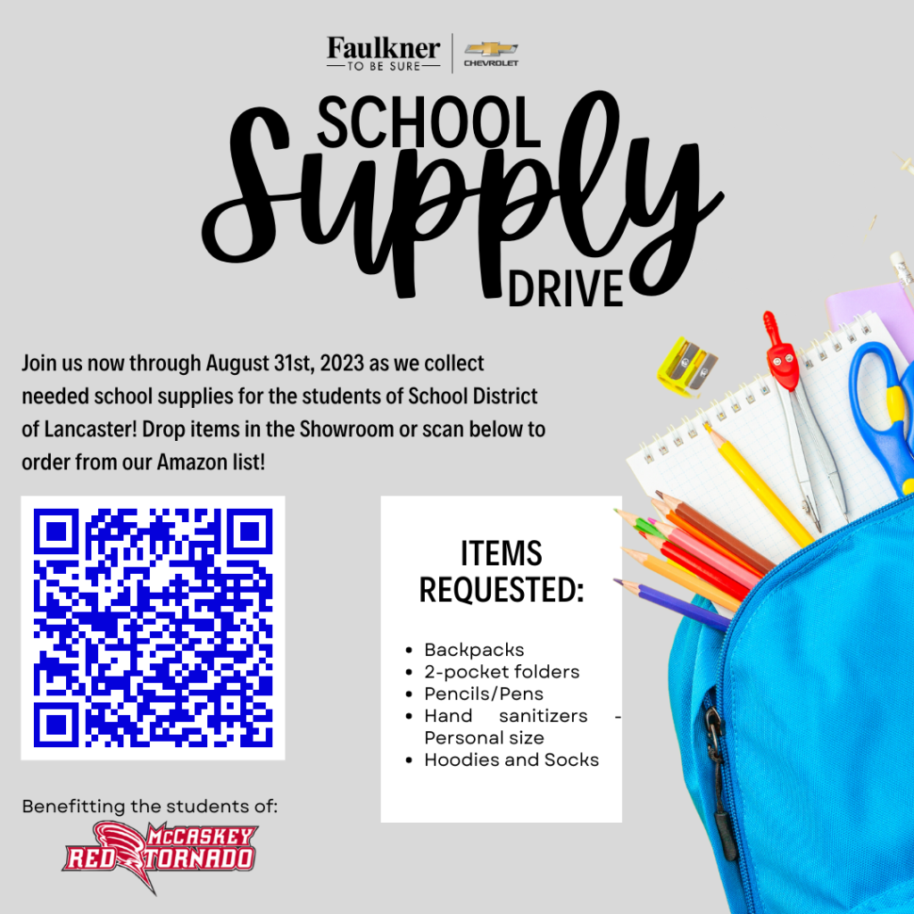 School Supply Drive. join us now through august 31st, 2023 as we collect needed school supplies for the students of school district of lancaster! drop items in the showroom or scan below to order from our amazon list. 