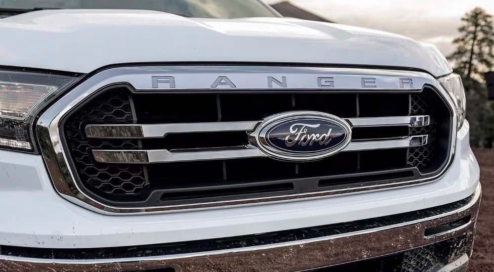 A close up shows the grille on a white 2023 Ford Ranger.