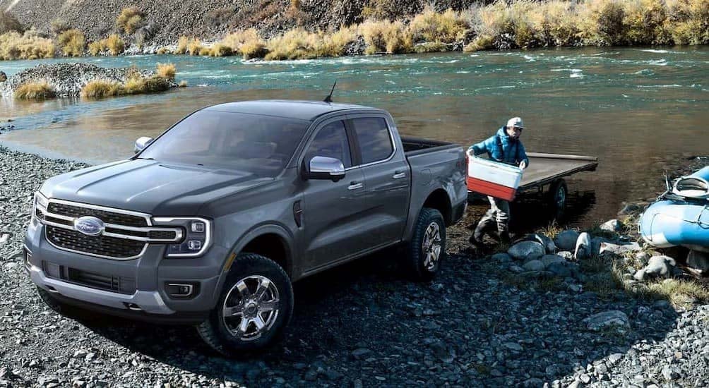 2024%20Ford%20Ranger%20-%20river.jpg A gray 2024 Ford Ranger is shown parked near a river.