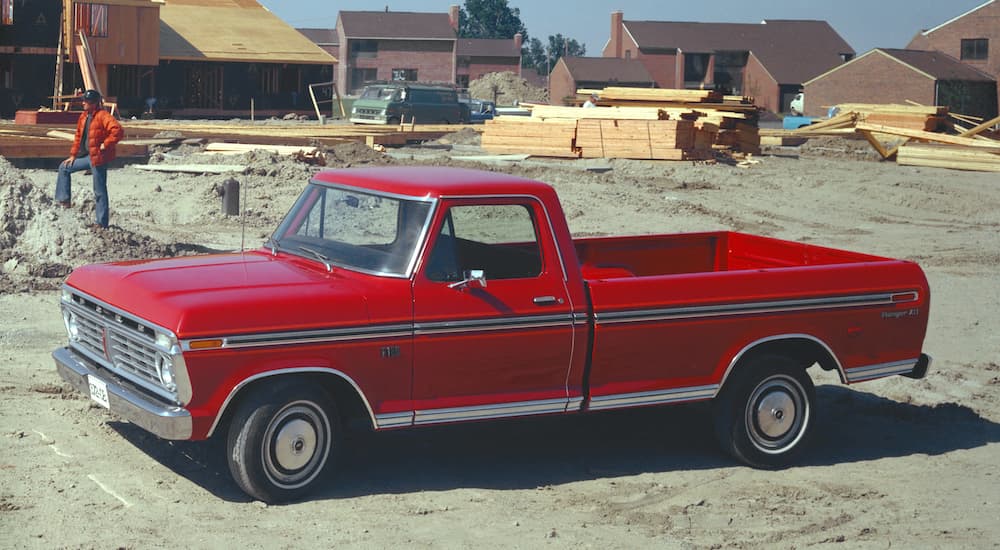Ford Dealer Near You - 1975 Ford F-150 Ranger XLT - Red.jpg A red 1975 Ford F-150 is shown from the side after leaving a Ford dealer near you.