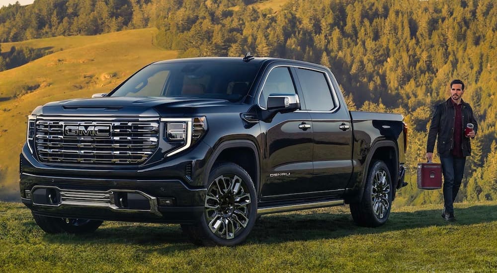 A black 2023 GMC Sierra 1500 Denali parked on a grassy hill after leaving a GMC dealer.