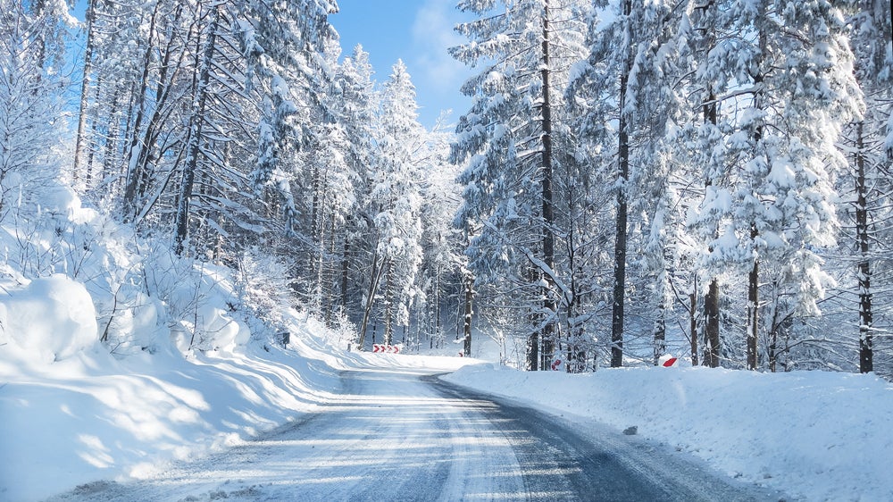 Snowy,Winter,Road,In,A,Mountain,Forest.,Beautiful,Winter,Landscape.