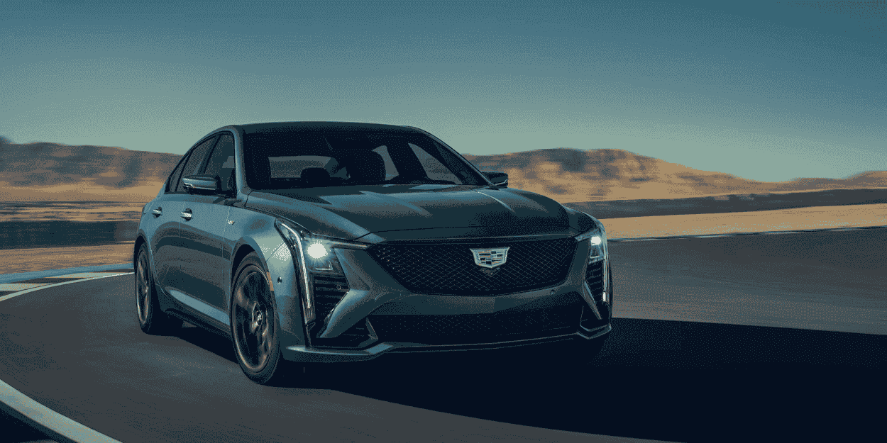 A 2025 Cadillac CT5-V with a V8 engine drives down the road.