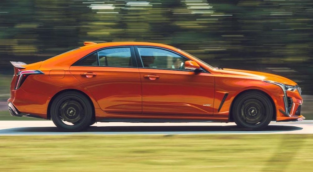 An orange 2023 Cadillac CT4-V driving on a tree-lined road after visiting a Cadillac dealer.