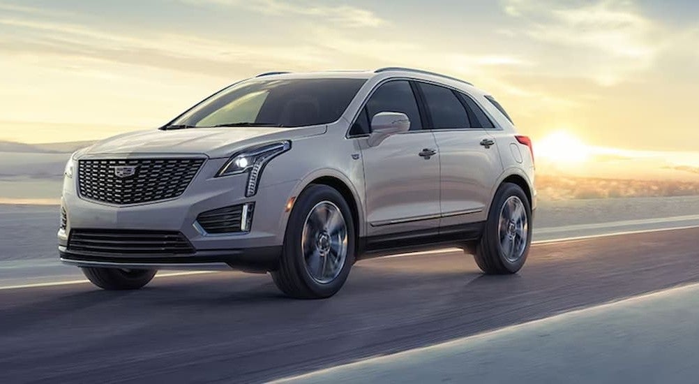 White 2024 Cadillac XT5 driving on sand-lined road.