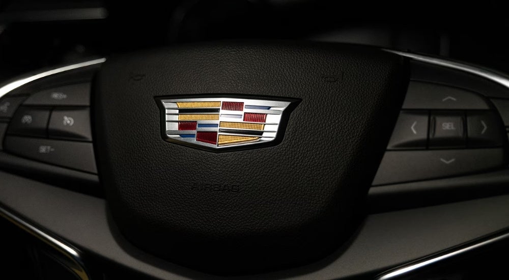 A close-up shows the Cadillac badge on the black steering wheel in a 2025 Cadillac XT5.