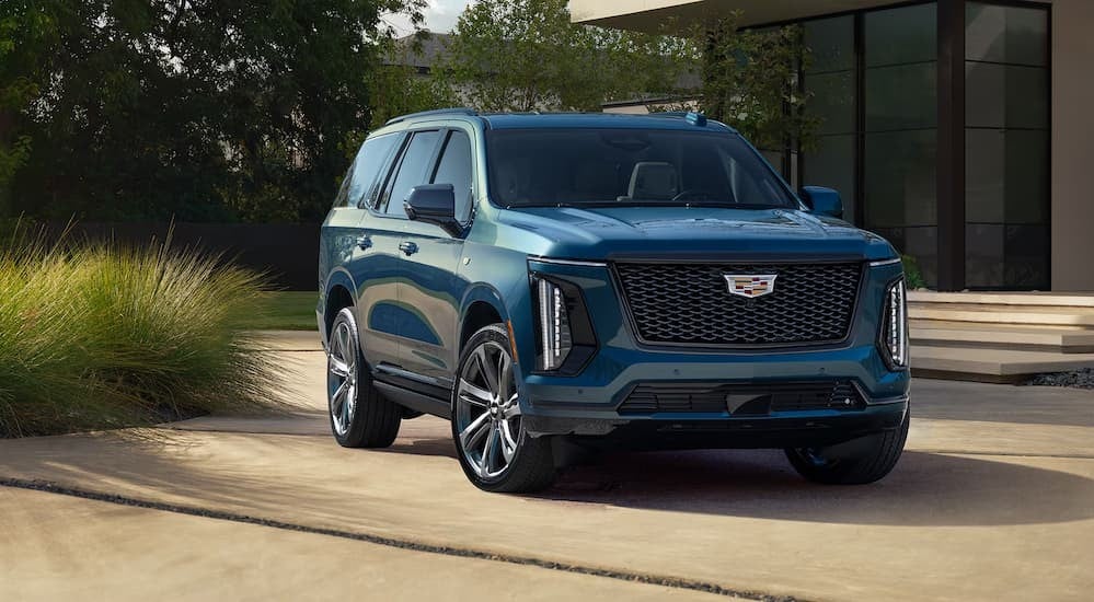 A blue 2026 Cadillac Escalade parked on a driveway.