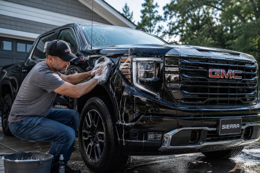 Man washing a GMC Sierra Truck
